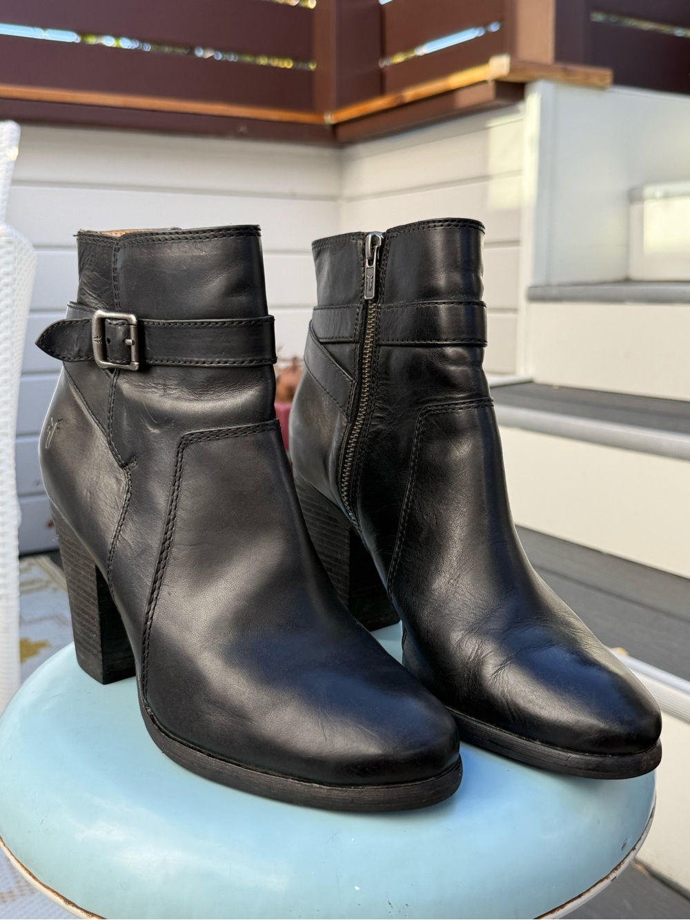 Frye Black Leather Patty Riding Boot / Ankle Booties with Buckle and Side Zip